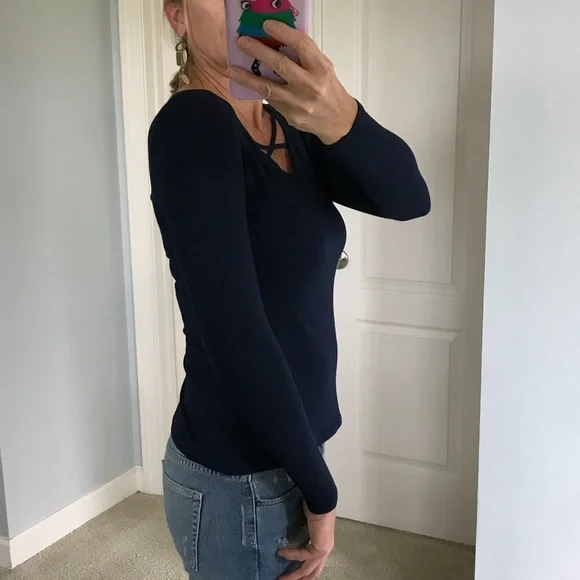 Navy Long Sleeve Criss Cross Neck Top - Picture 4 of 4